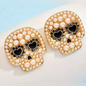 Skull Bling Gold and Rhinestone Skeleton Halloween Earrings
